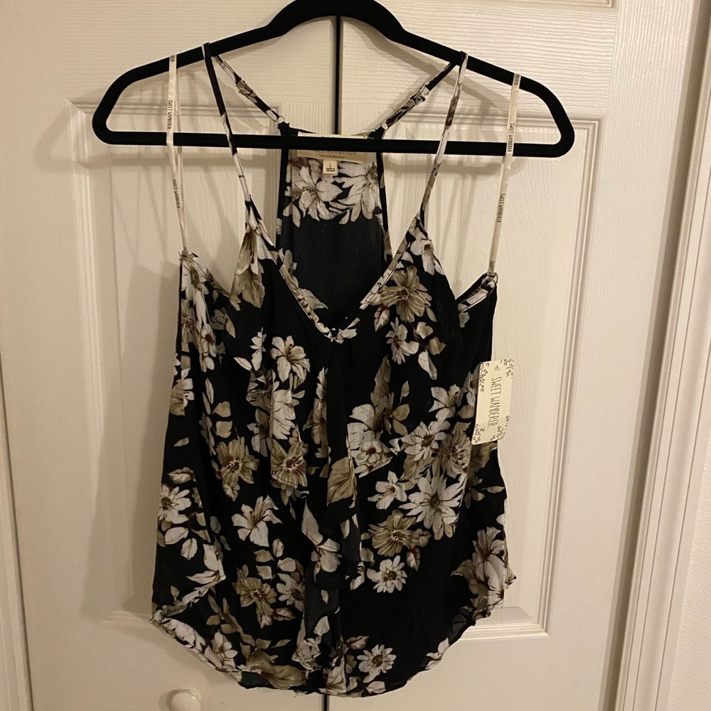 Black Floral Ruffle Front Racerback Tank Large NWT - Picture 5 of 10